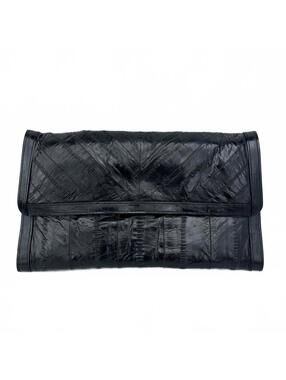 Vintage Bic Star Eel Skin Clutch Black 10.5x6 Magnetic Closure Multipocketed